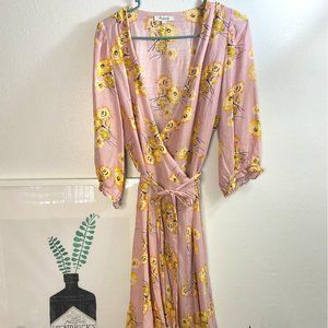 Linen-Blend Ruffle-Cuff Wrap Dress in Dutch Dandelions